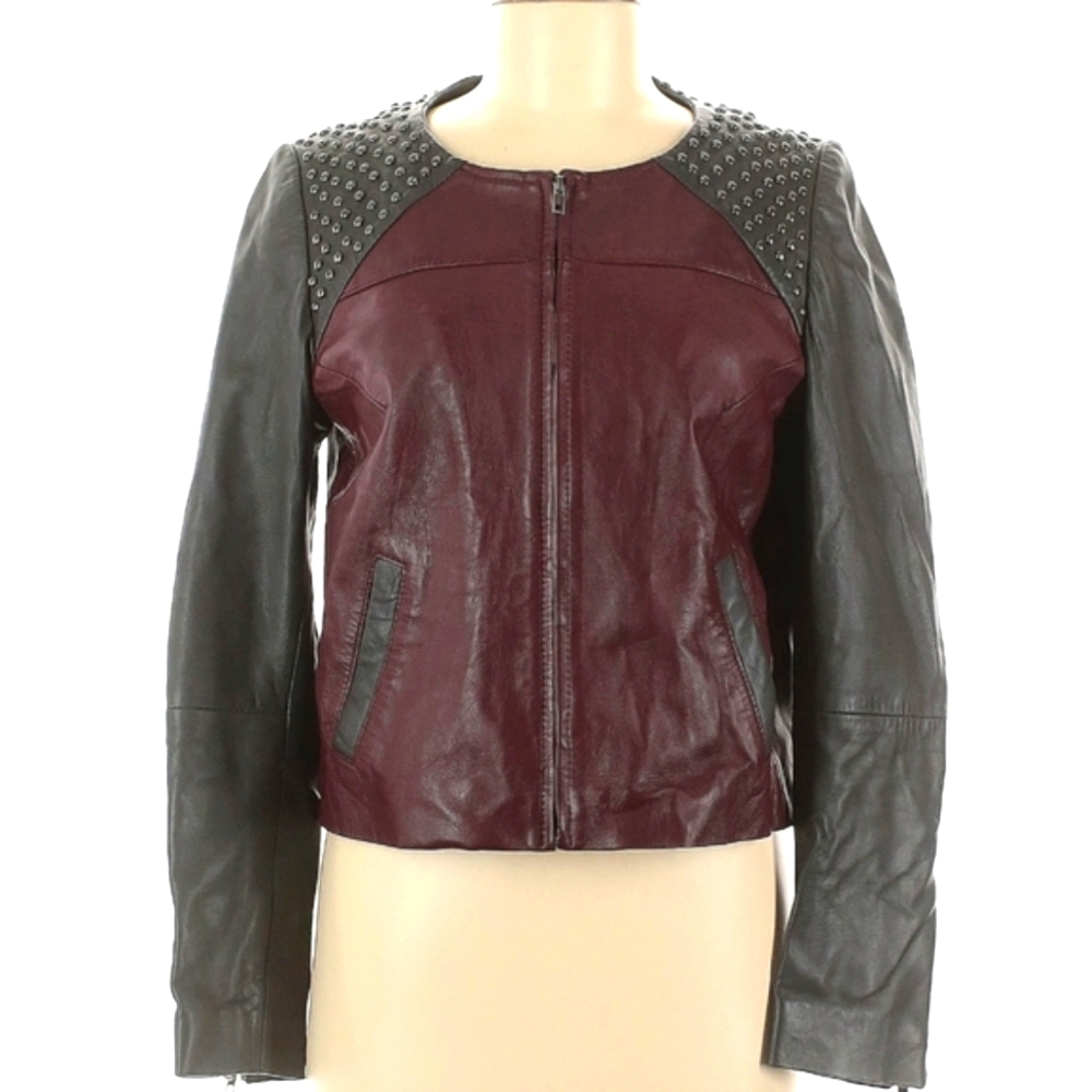 KOOKAI Leather Jacket Oxblood Burgundy Studded Biker Moto